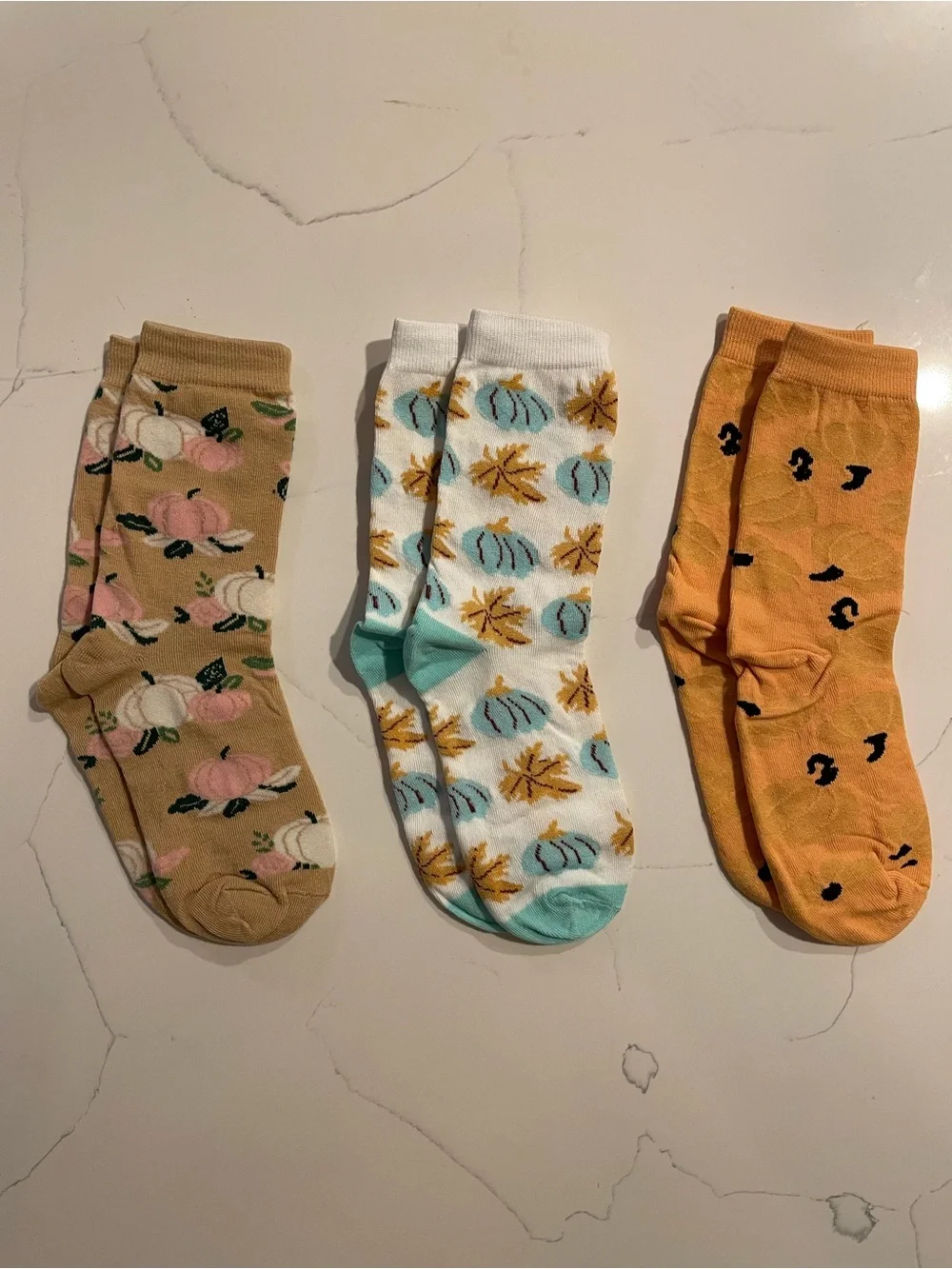 Floral & Pumpkin Pattern Crew Socks - Pack of 3, Yellow/Beige/White